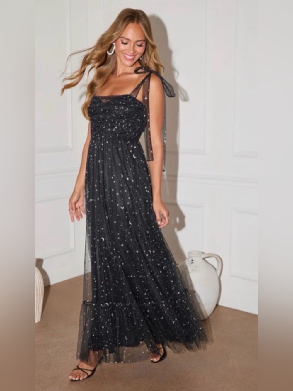 Vici Black Star & Moon Maxi Dress with Sheer Tie Straps